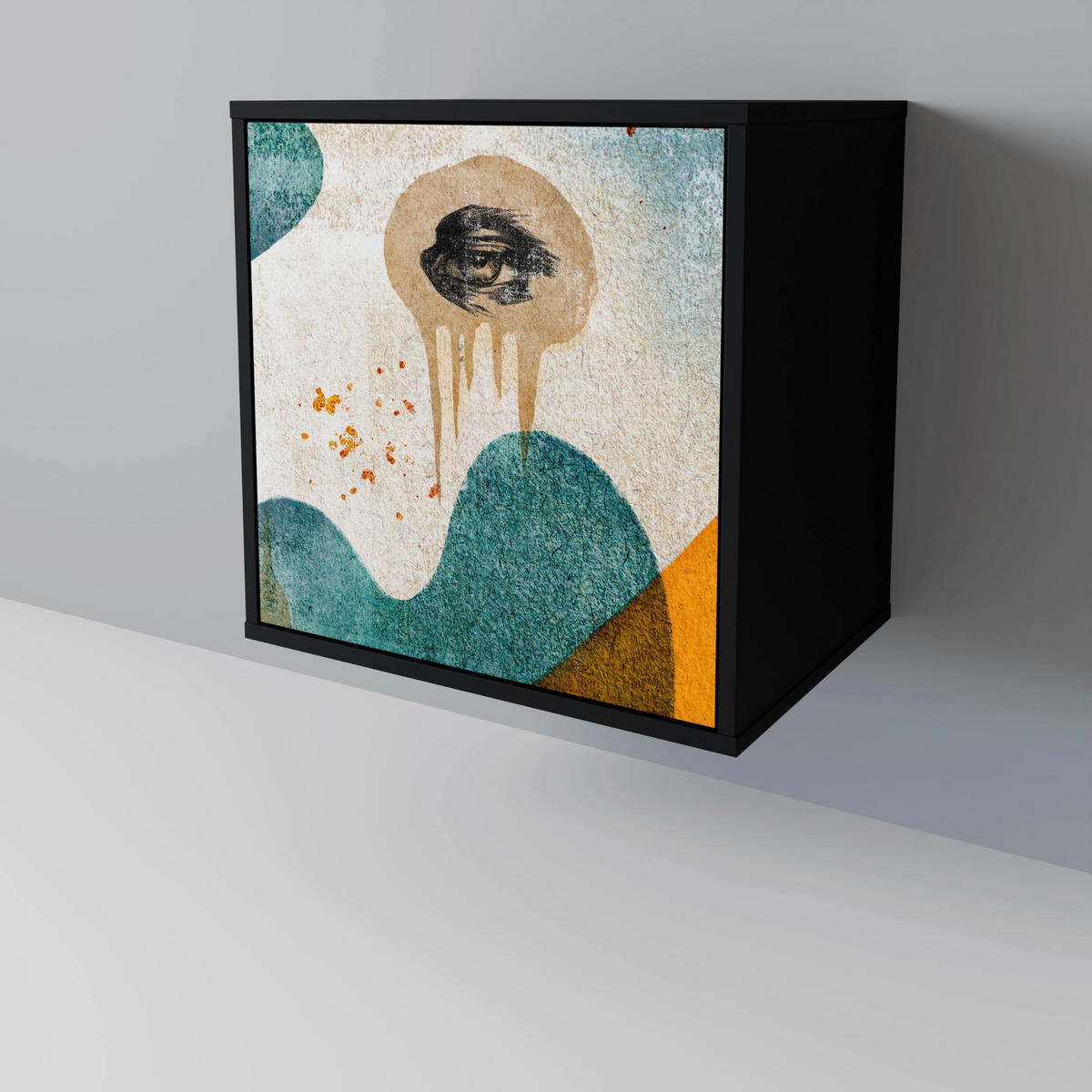 SIDEBOARD ABSTRACT FACES, Schwarz, 57,5x42x70,5 cm, Schwarze Metall-Sternfüße - Multicolor/Schwarz, Holzwerkstoff/Metall (57.5/70.5/42cm) - SpaceRebels