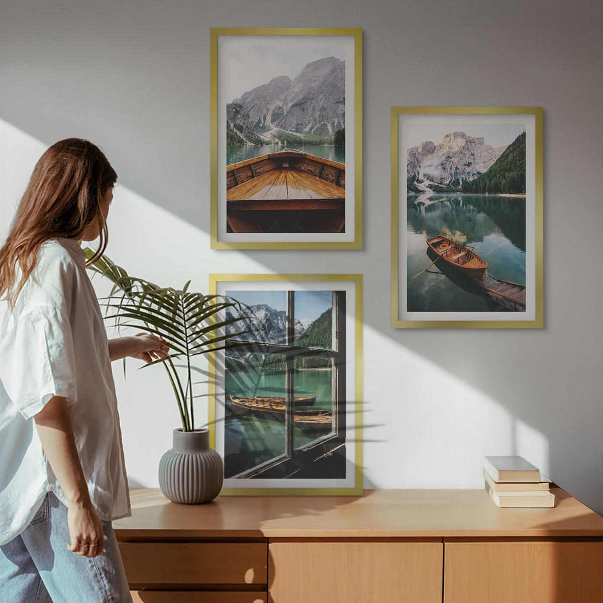 BILDER SET 3er Set - 40x60 cm Goldrahmen - Fenster für Boote auf dem Bergsee - Goldfarben, Kunststoff (40/60cm) - TULUP