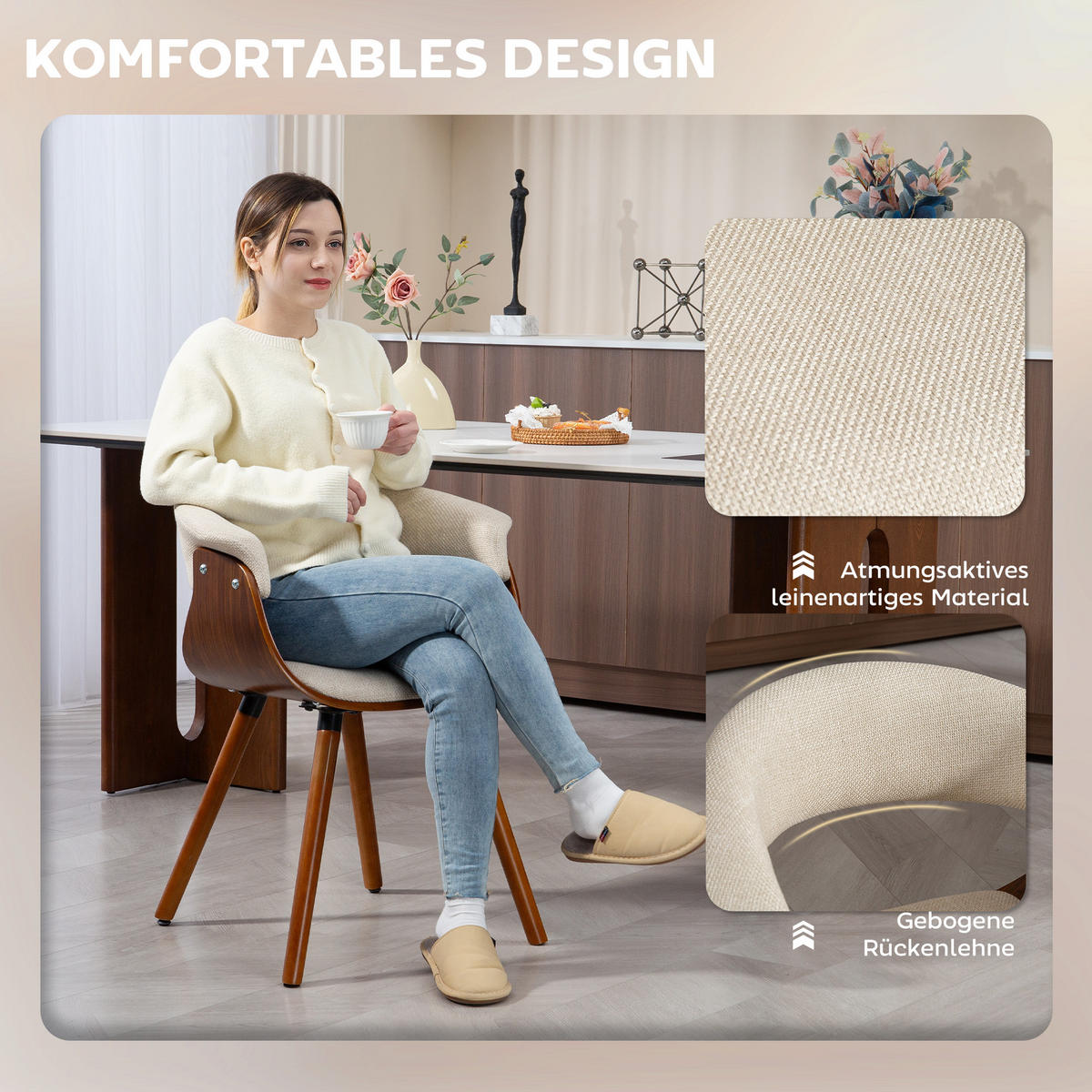 ESSZIMMERSTUHL 2er Set Polyester Holz Beige - Beige/Braun, Holz/Buchenholz (55/75/62cm) - HOMCOM