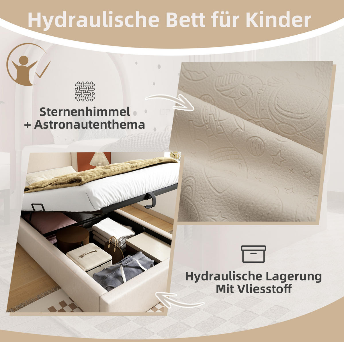 KINDERBETT 90/190 cm Beige mit Stauraum mit hydraulischem Lattenrost - Beige, Kunststoff (90/190cm) - OKWISH
