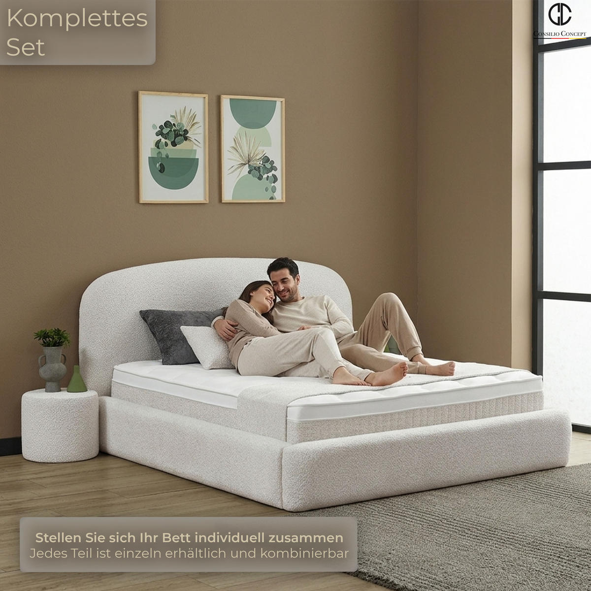 BOXSPRINGBETT MIT BETTKASTEN EVORA 180/200 cm, Ivory, Bettkasten, Matratze, Topper integriert, H3 mittel - Creme/Schwarz, Holz/Kunststoff (180/200cm) - Consilio Concept