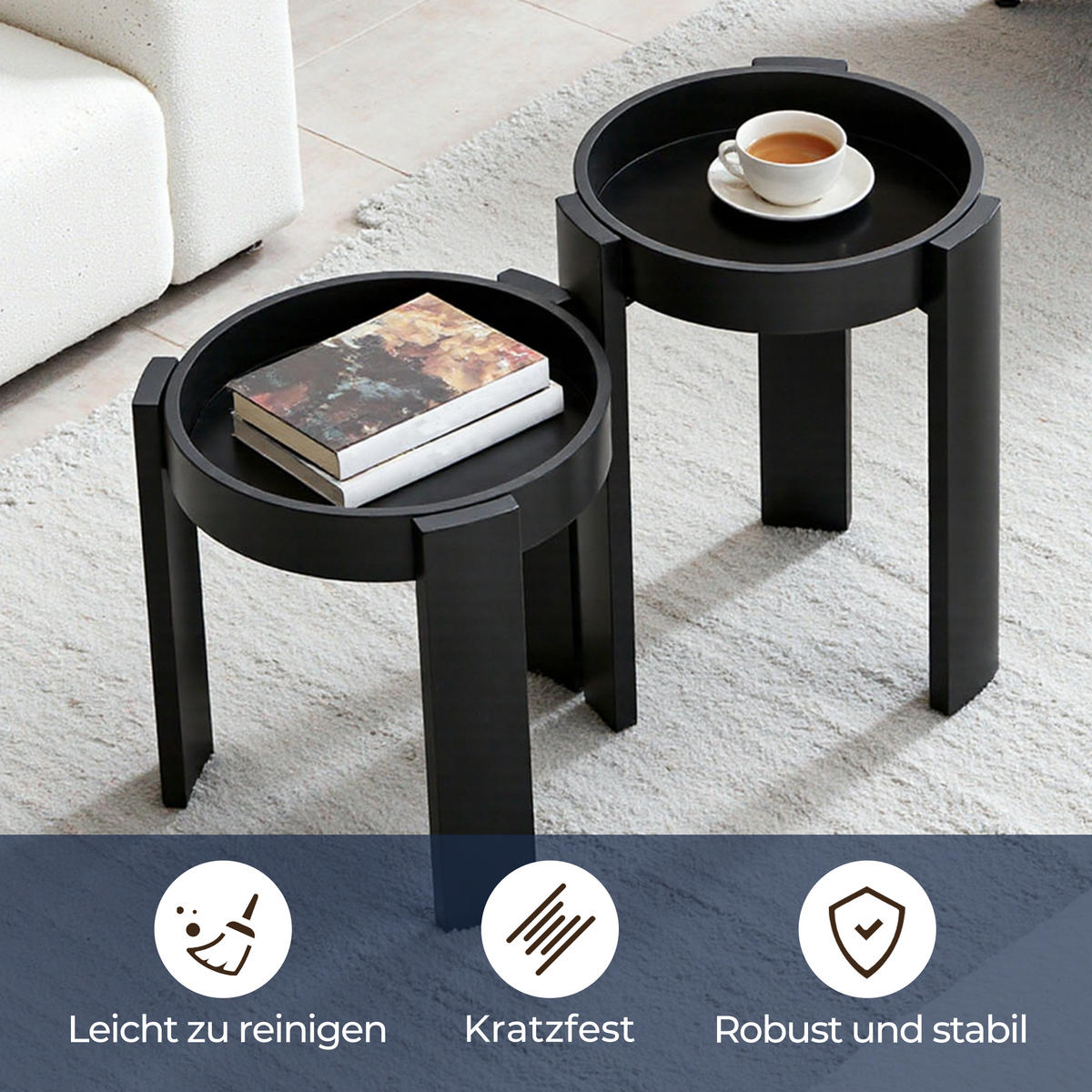 BEISTELLTISCH 2er Set, Ø42,5 x 56,5 cm & Ø42,5 x 47 cm - Schwarz, Holz (42.5/42.5/56.5cm)