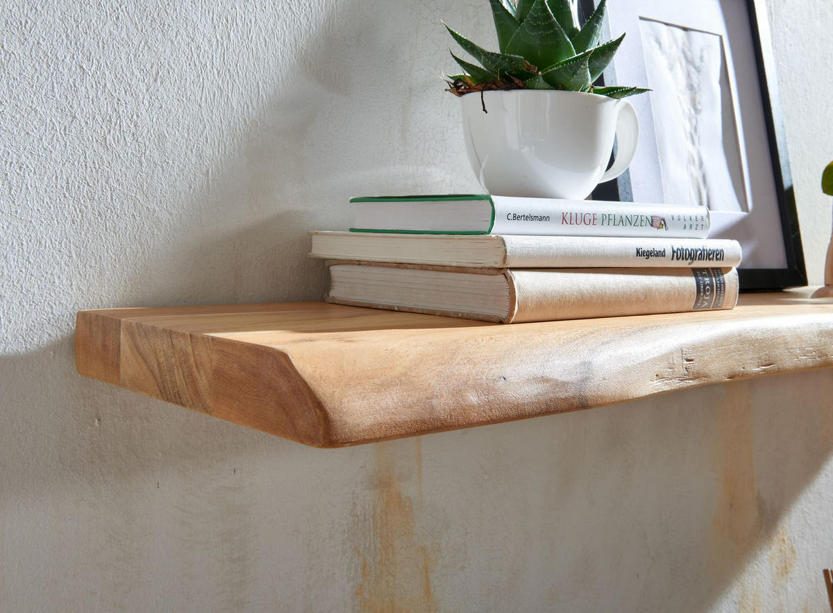 WANDREGAL Akazienholz Baumkante Rustikal, Beige 100x26x4 cm - Beige, Holz (100/4/26cm) - KADIMA DESIGN