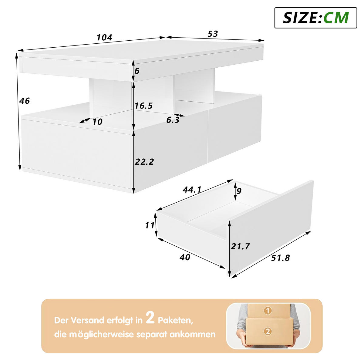 COUCHTISCH 104x53 cm mit LED, Steckdosen & 2 Schubladen, Weiß - Weiß, Metall (53/104/46cm) - EuroLiving
