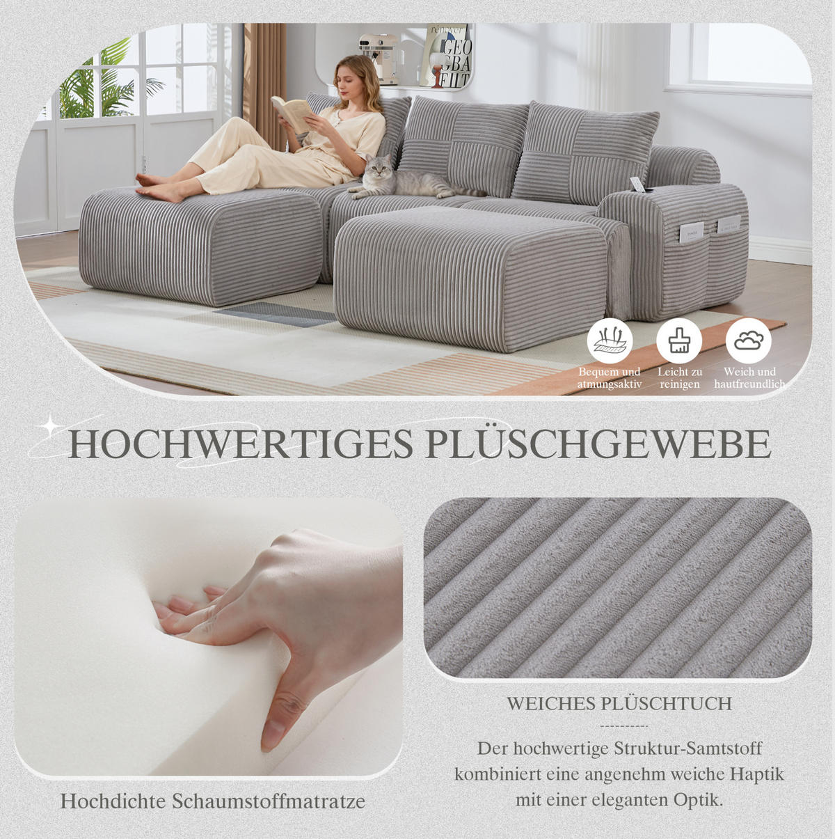 3-SITZER Wohnlandschaft Cord mit 2 Hockern und Getränkehalter 268/174/80 cm Hellgrau - Hellgrau, Textil (174/80/268cm) - Redom