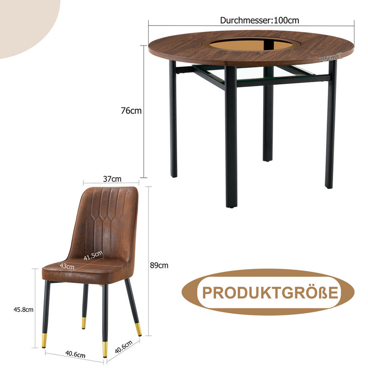 TISCHGRUPPE 3-tlg rund 2 Stühle 100cm Holzoptik - Braun, Holzwerkstoff/Metall (63/22/113.5cm) - Raelunyi