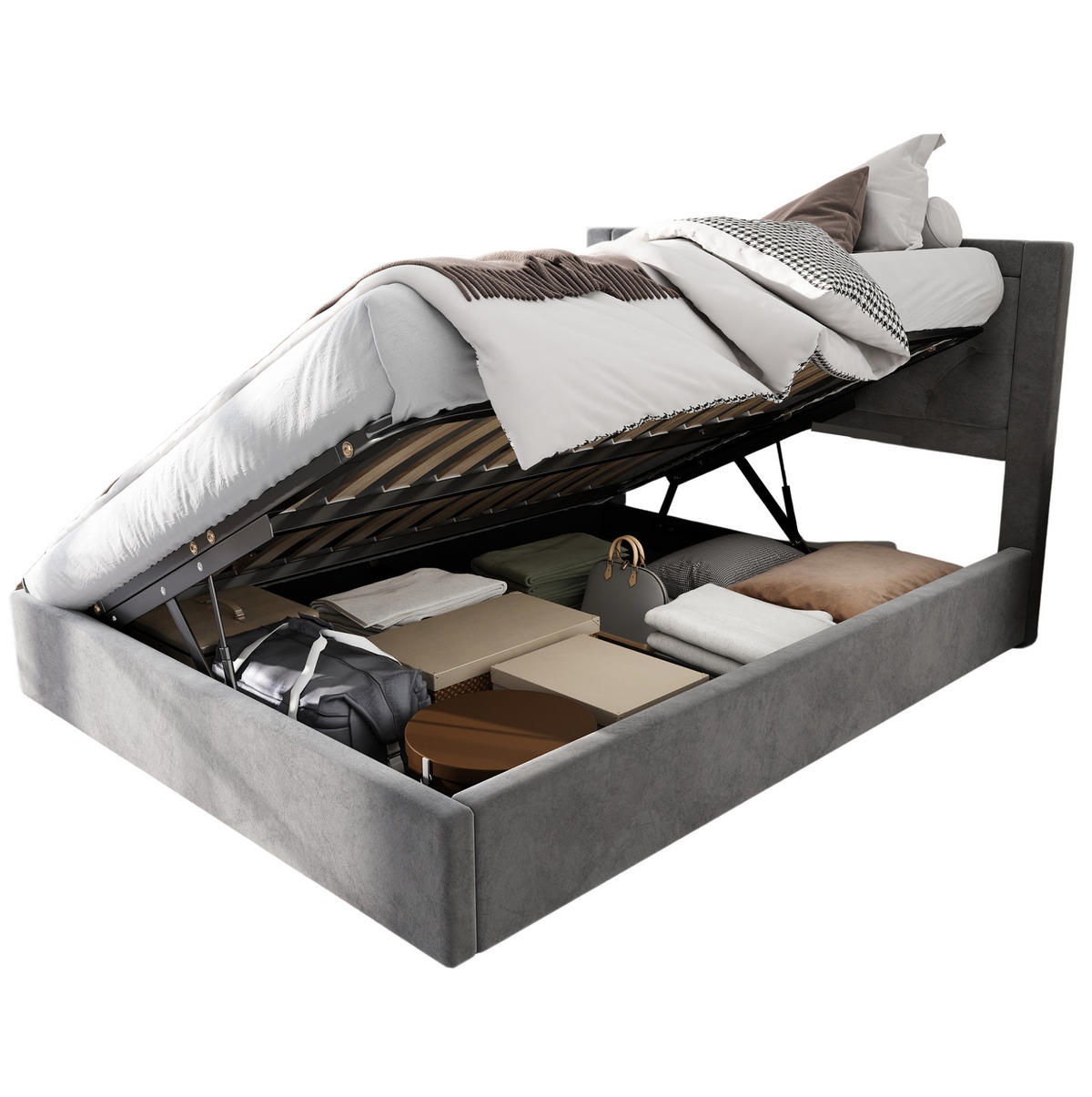 SAMT-POLSTERBETT 140/200 cm mit Bettkasten und gepolstertem Kopfteil in Grau - Grau, Metall (140/200cm) - BEAOK