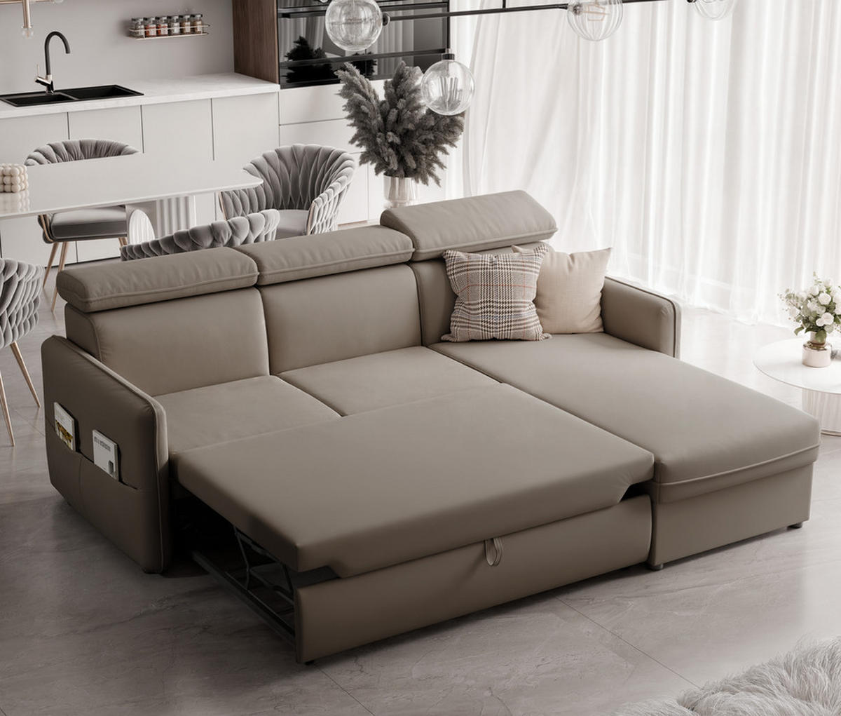 ECKSOFA BENI mit Schlaffunktion und Bettkasten, Stoff Dunkelbeige - Sandfarben, Kunststoff/Textil (220/160cm) - Idohome