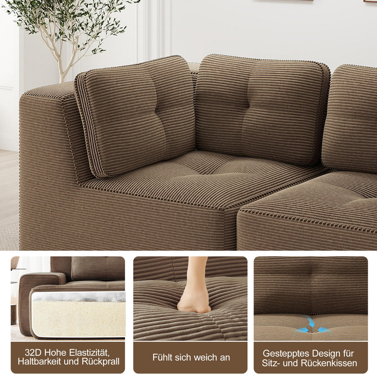 2-SITZER Sofa 208x104x69 cm aus Cordstoff rahmenlos modular, braun - Braun, Textil (104/69/208cm)