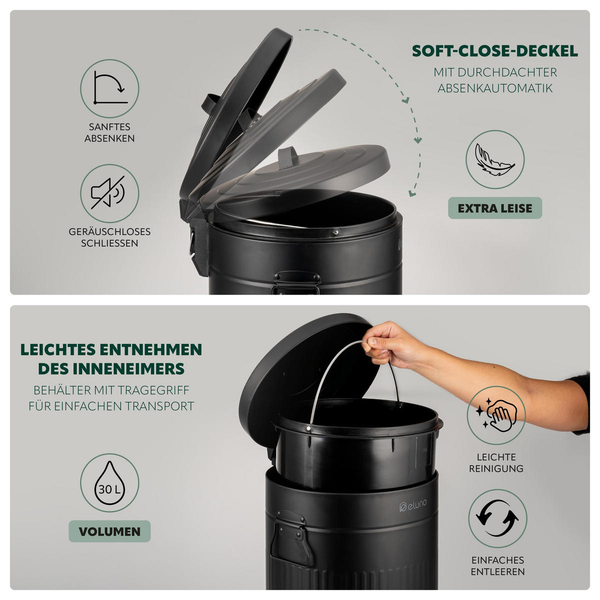 ABFALLEIMER Treteimer VINTAGE, 30 Liter, aus Metall, schwarz - Schwarz, Metall (30.5/68.5/36cm) - eluno