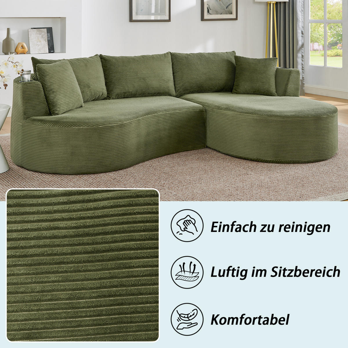 ECKSOFA 264/168/76 cm Grün mit Getränkehalter (Rechte Seite) - Grün, Textil (264/168cm) - Oxeza
