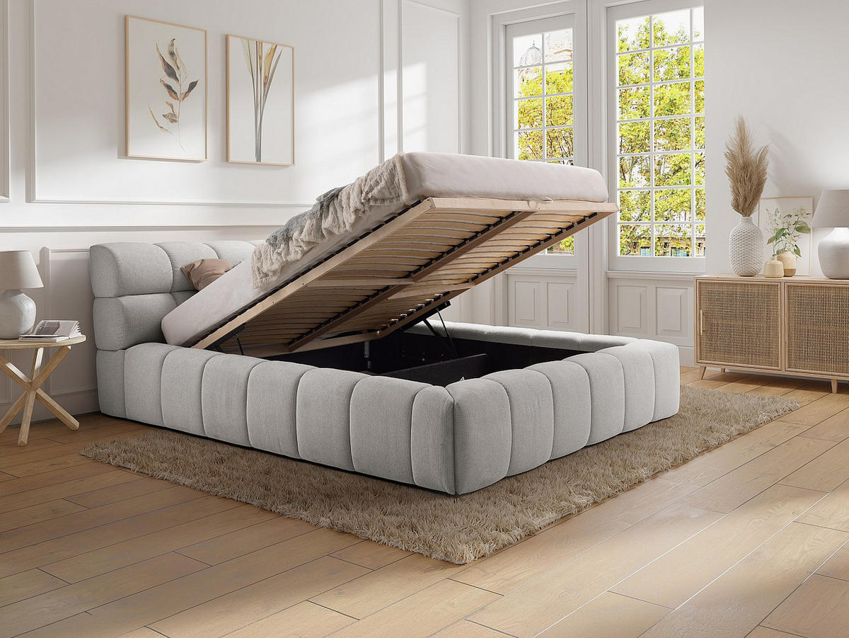 BETT mit Bettkasten - 2 Personen - Stoff - Hellgrau - Hellgrau, Textil (160/200cm) - Vente-Unique