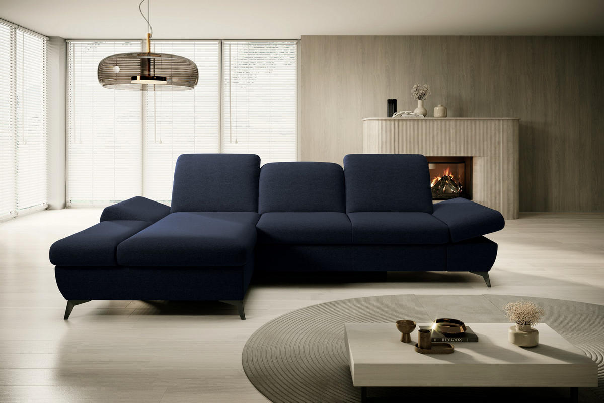 ECKSOFA FELICE L-S Dunkelblau Geflochtener Stoff mit Schlaffunktion - Dunkelblau, Holz (284/166cm) - MASSENO