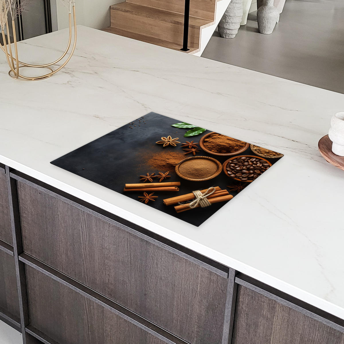 HERDABDECKPLATTE Zimt - Beton - Kaffee - Zimtstangen - Gewürze Herdabdeckung Induktionsfeld 65x52 cm - Mokka, Kunststoff (65/52/0.2cm) - MuchoWow