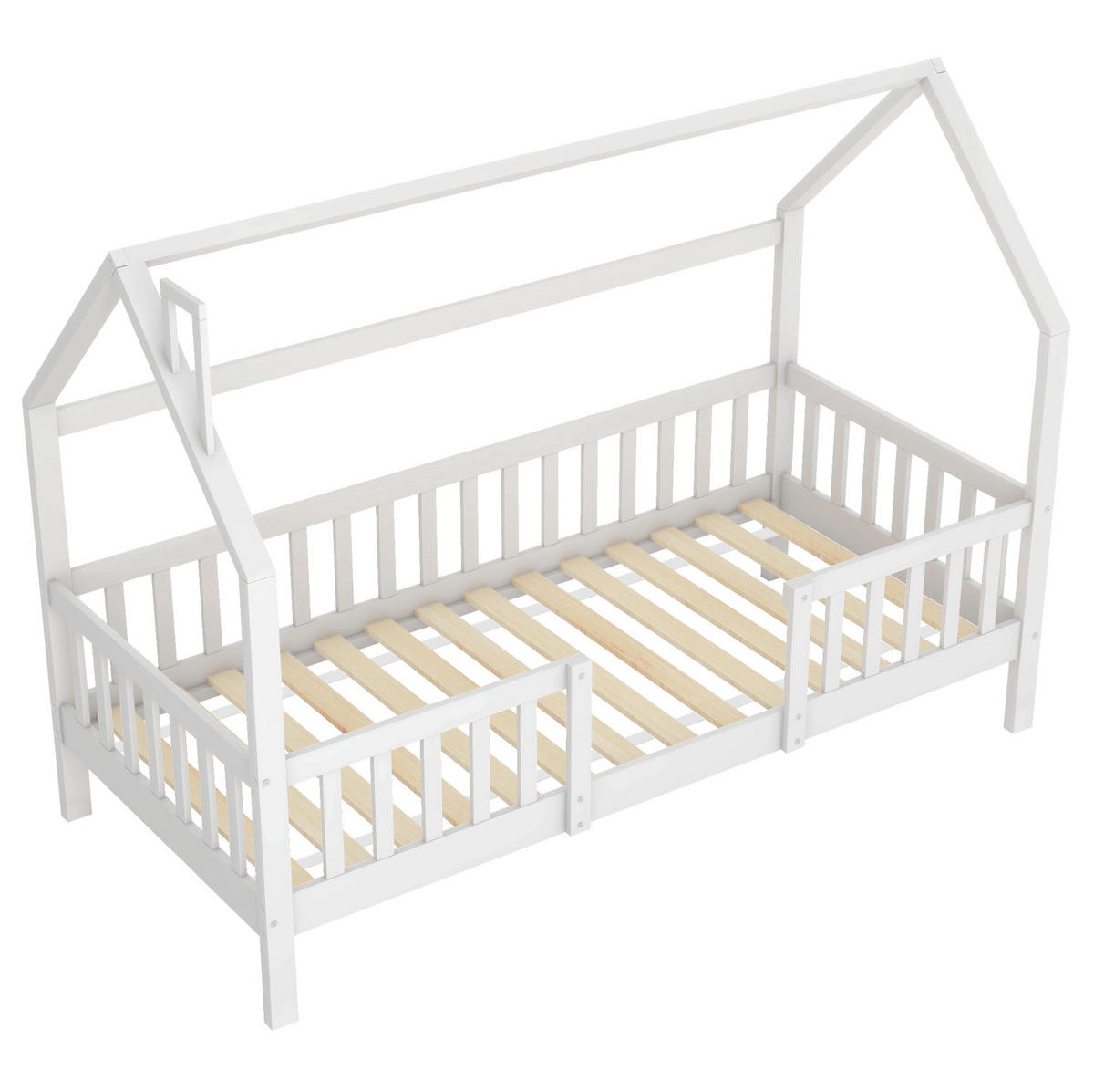 KINDERBETT 90/200 cm mit Dach, Zaun und Lattenrost aus Kiefern, Weiß - Weiß, Holzwerkstoff (90/200cm) - Redom