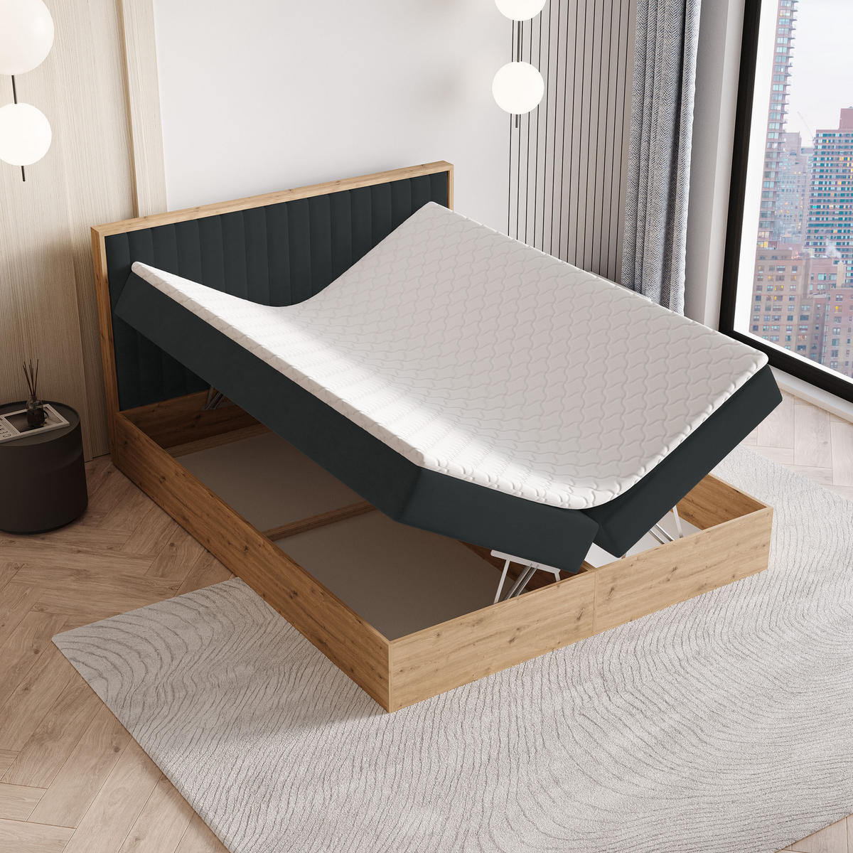 BOXBETT VARELI 160x200 cm mit Matratze und Topper - Schwarz - Schwarz, Holz (160/200cm) - MASSENO