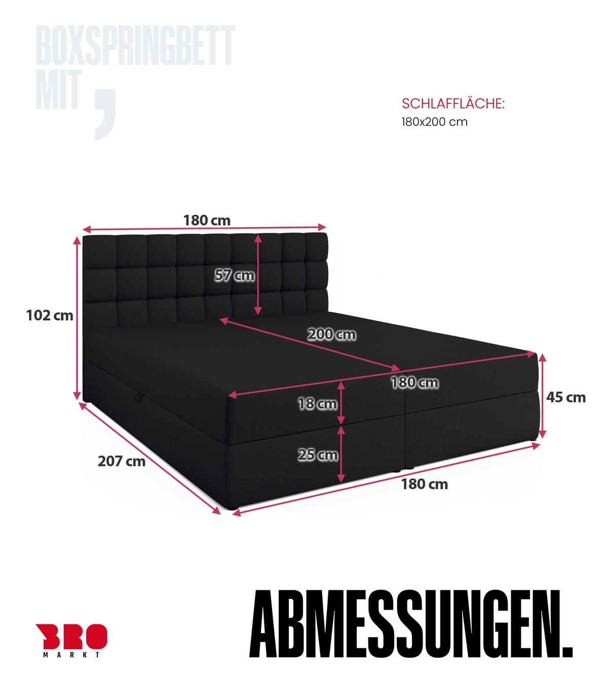 BOXBETT Dakota mit Topper 180/200 Schwarz - Schwarz, Textil (180/200cm) - Bromarkt