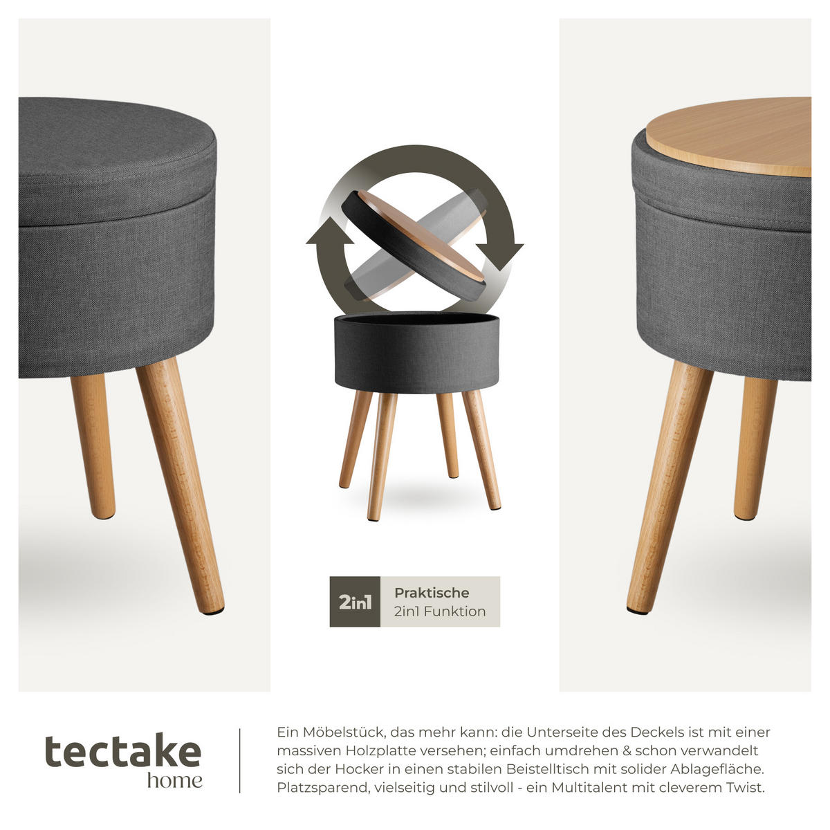 SITZHOCKER mit Stauraum Yara,42,5 x 42,5 x 45,5 cm,dunkelgrau - Dunkelgrau, Holz (42.5/45.5/42.5cm) - tectake