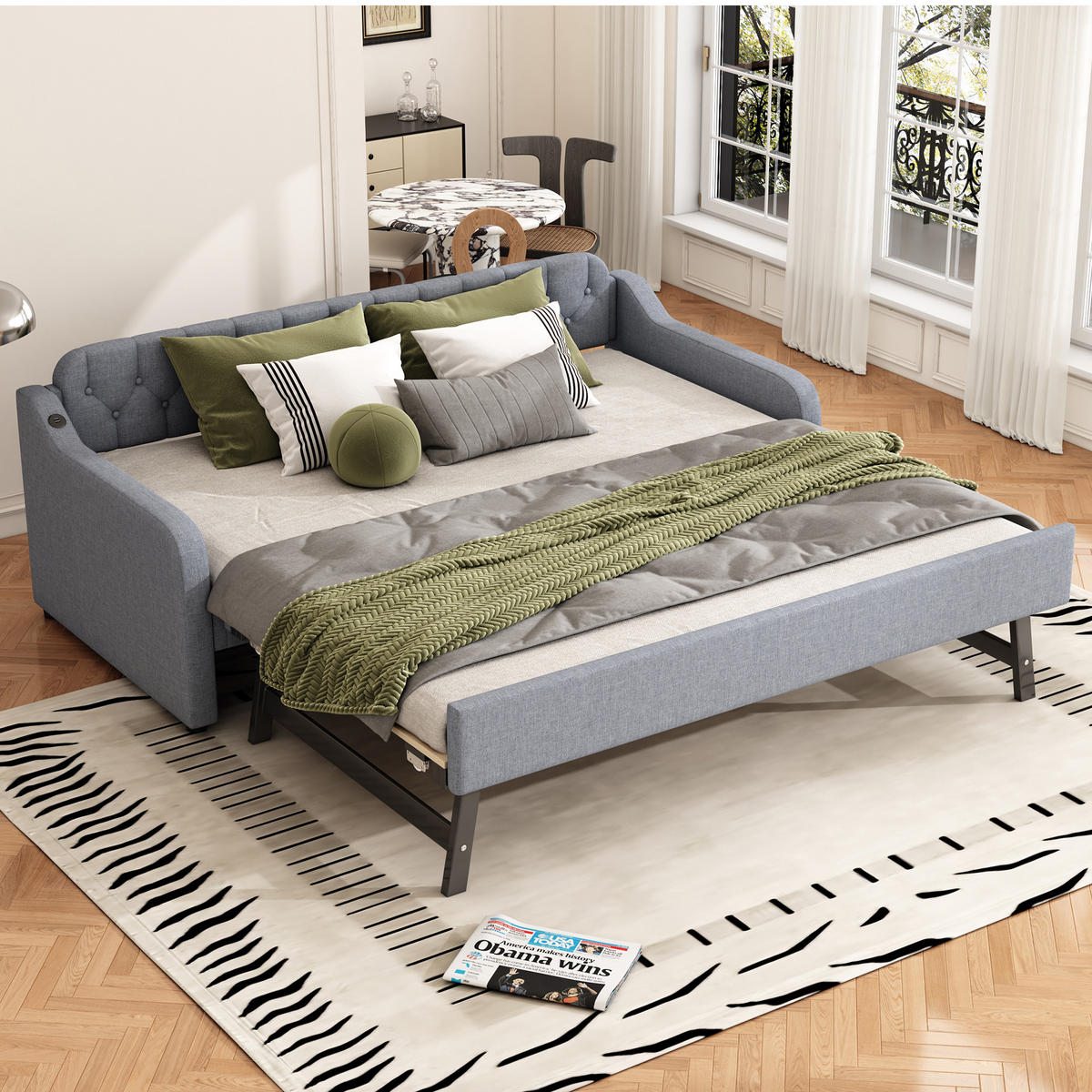 SCHLAFSOFA 90x200cm Grau mit Rollbett USB-Anschluss - Grau, Holz (90/200cm) - FLIEKS
