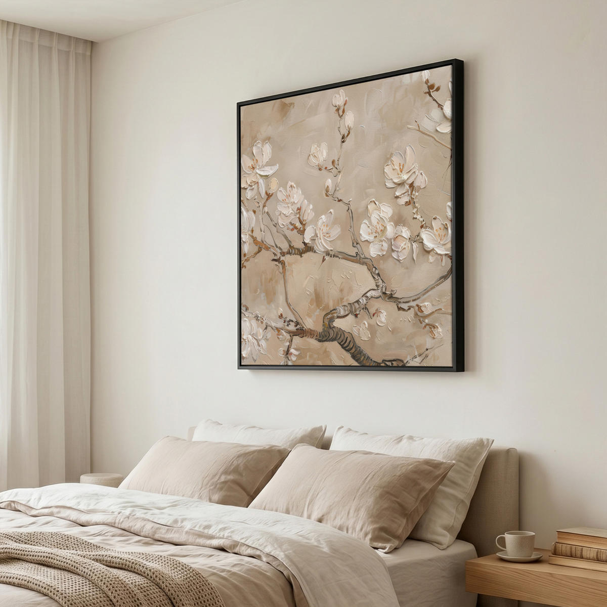LEINWAND Bilder mit Rahmen - Blumen - Modern - Beige - Weiß - Blüte - 90x90 - Beige, Textil (90/90cm) - MuchoWow