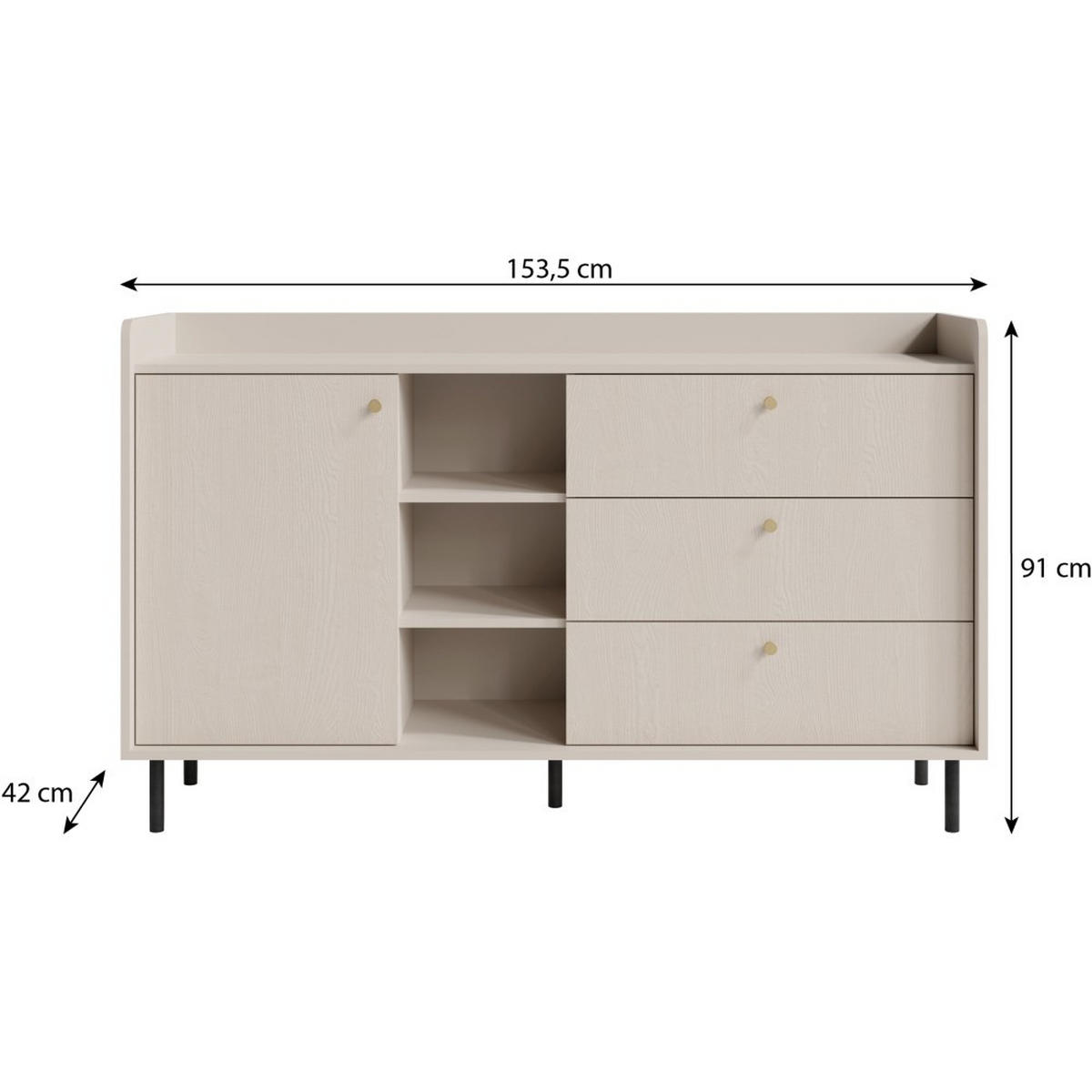 KOMMODE Gloria mit 3 Schubalden und offenen Regalen - Beige/Schwarz, Holzwerkstoff/Metall (153/91/42cm) - Beautysofa