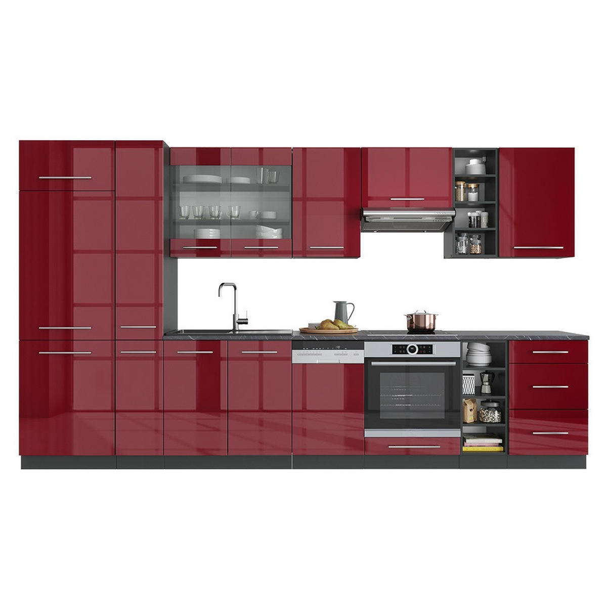 KUHINJSKI BLOK Fame-Line Bordeaux visok sijaj/antracit 355 cm , DP Antracit - bordo/antracit, leseni material (355/206.8/60cm) - Vicco