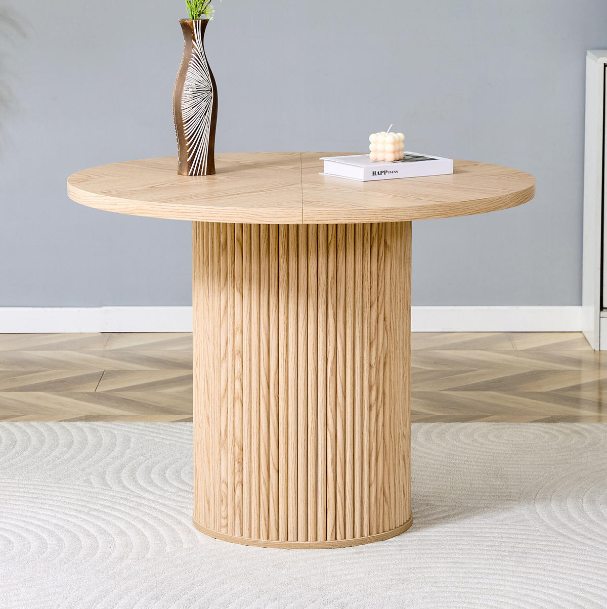 ESSTISCH rund 100/100/76 cm mit Stauraum, zylindrischem Säulenbein und MDF/Metall, Naturholz - Naturfarben, Holzwerkstoff (100/100/76cm) - Redom