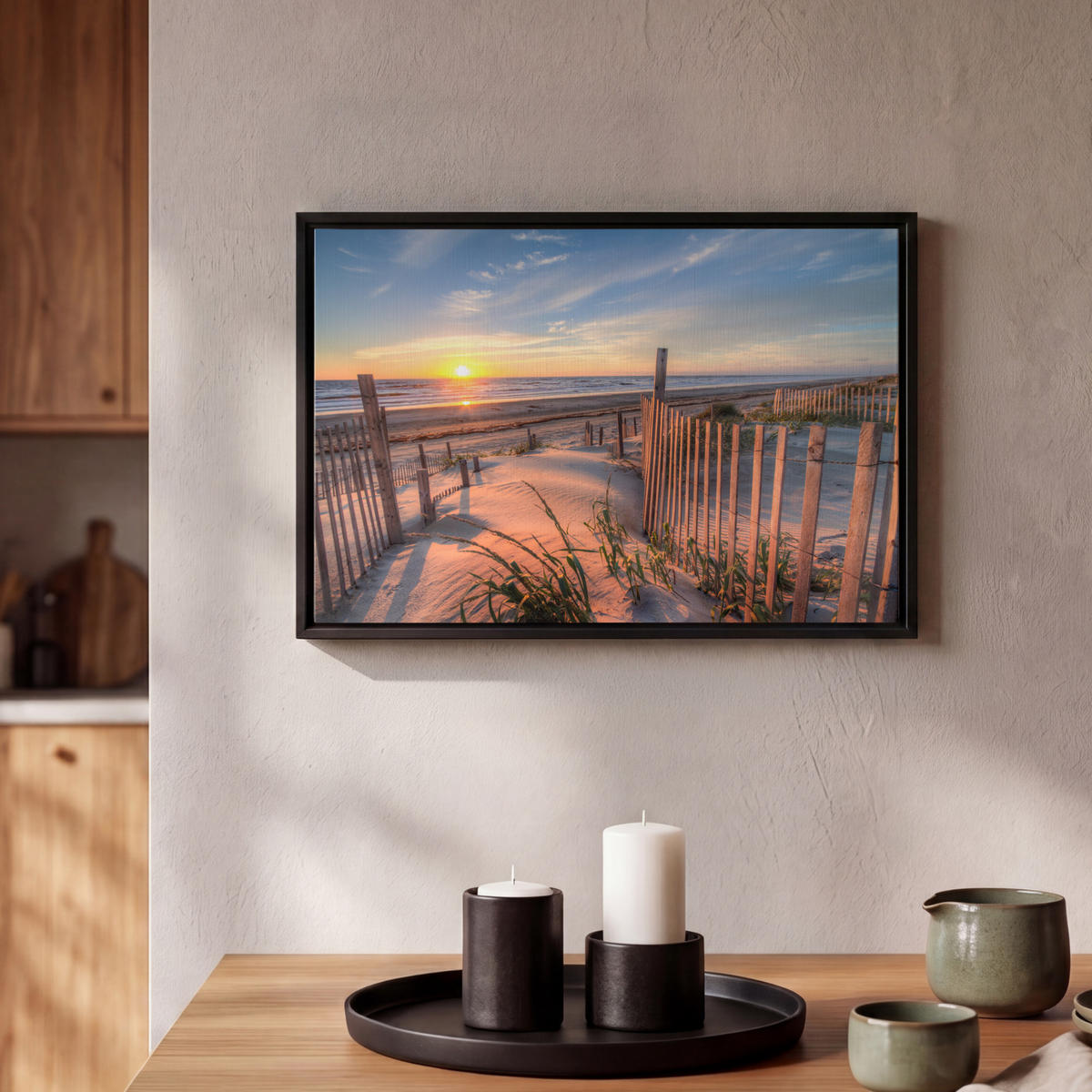 LEINWAND Bilder mit Rahmen - Strand - Meer - Düne - Sonnenuntergang - Landschaft - 30x20 - Beige, Textil (30/20cm) - MuchoWow