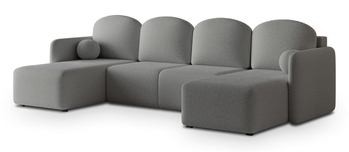 WOHNLANDSCHAFT NUBERO Grau Boucle-Stoff mit Schlaffunktion - Grau, Holz (285/85/143cm) - MASSENO