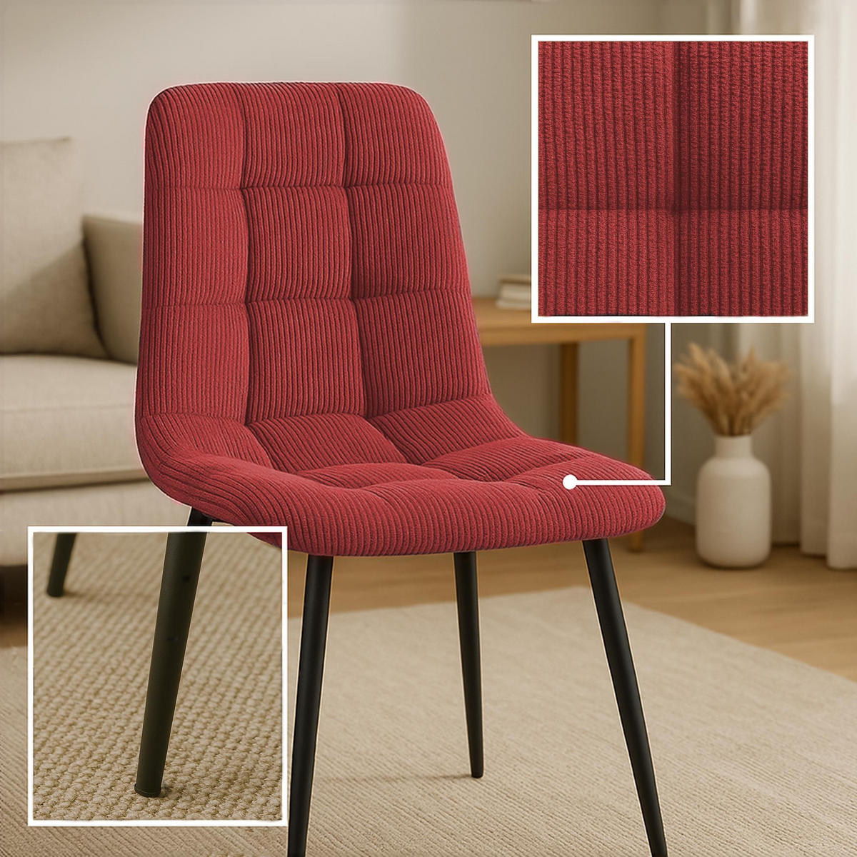 ESSZIMMERSTUHL 2er Set Fanor Cord Bordeauxrot Wohnzimmerstuhl - Weinrot, Textil (45/84/55cm) - DELUKE