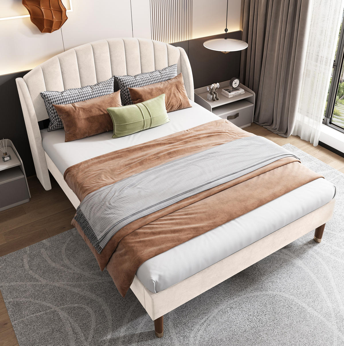 POLSTERBETT 140/200 cm mit Lattenrost, hohem gepolstertem Kopfteil und Samtbezug, Beige - Beige, Textil (140/200cm) - Redom