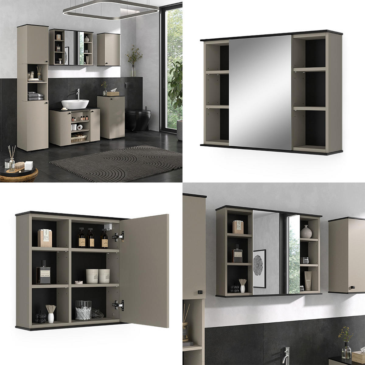 BADSPIEGELSCHRANK Joli Greige 80 x 60 cm mit Spiegel - Greige/Schwarz, Holzwerkstoff (80/60/17.4cm) - Vicco