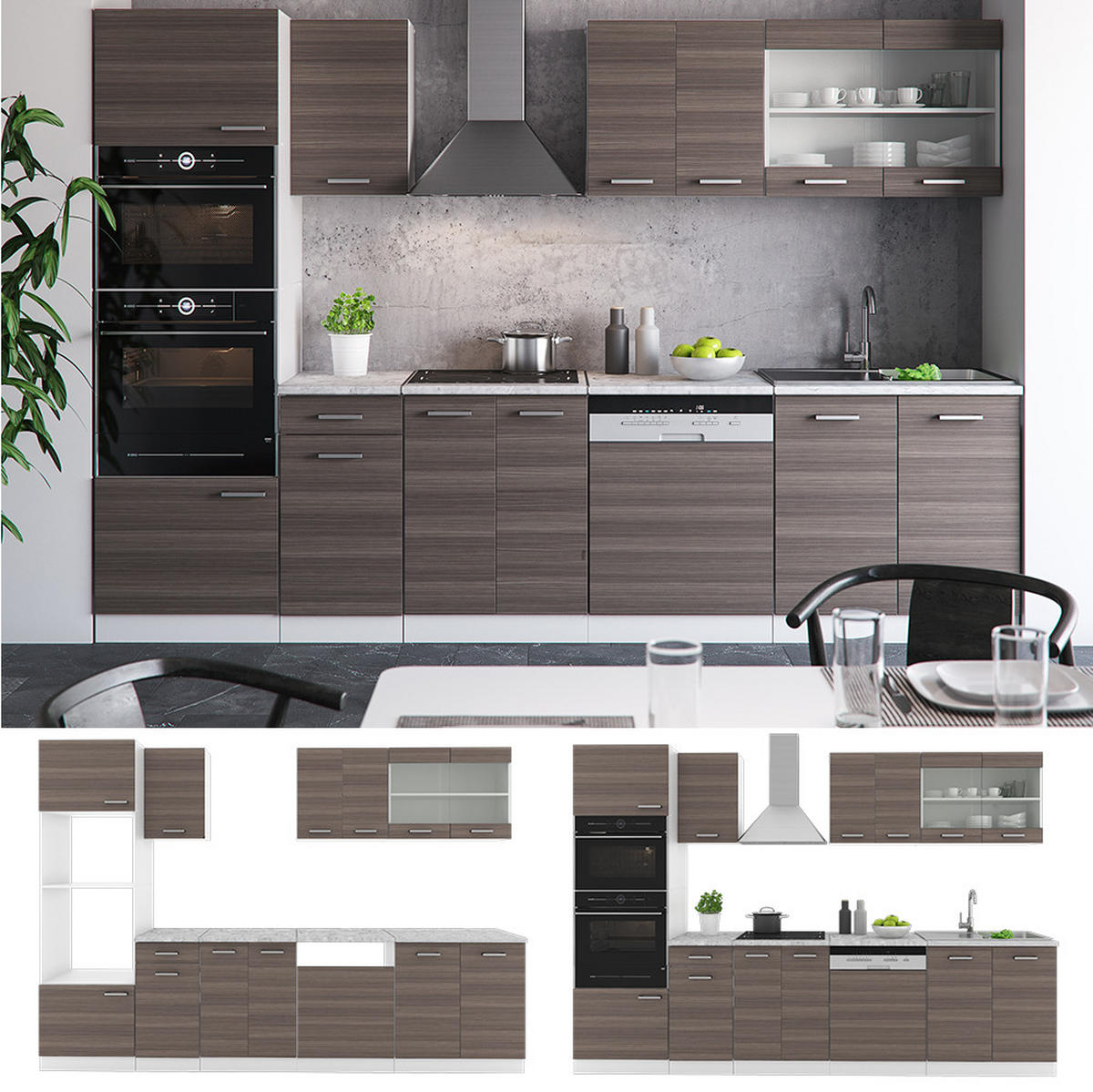 KÜCHENZEILE R-Line Edelgrau/Weiß 300 cm mit Hochschrank, AP Eiche - Braun/Weiß, Holzwerkstoff (300/81.6/60cm) - Vicco