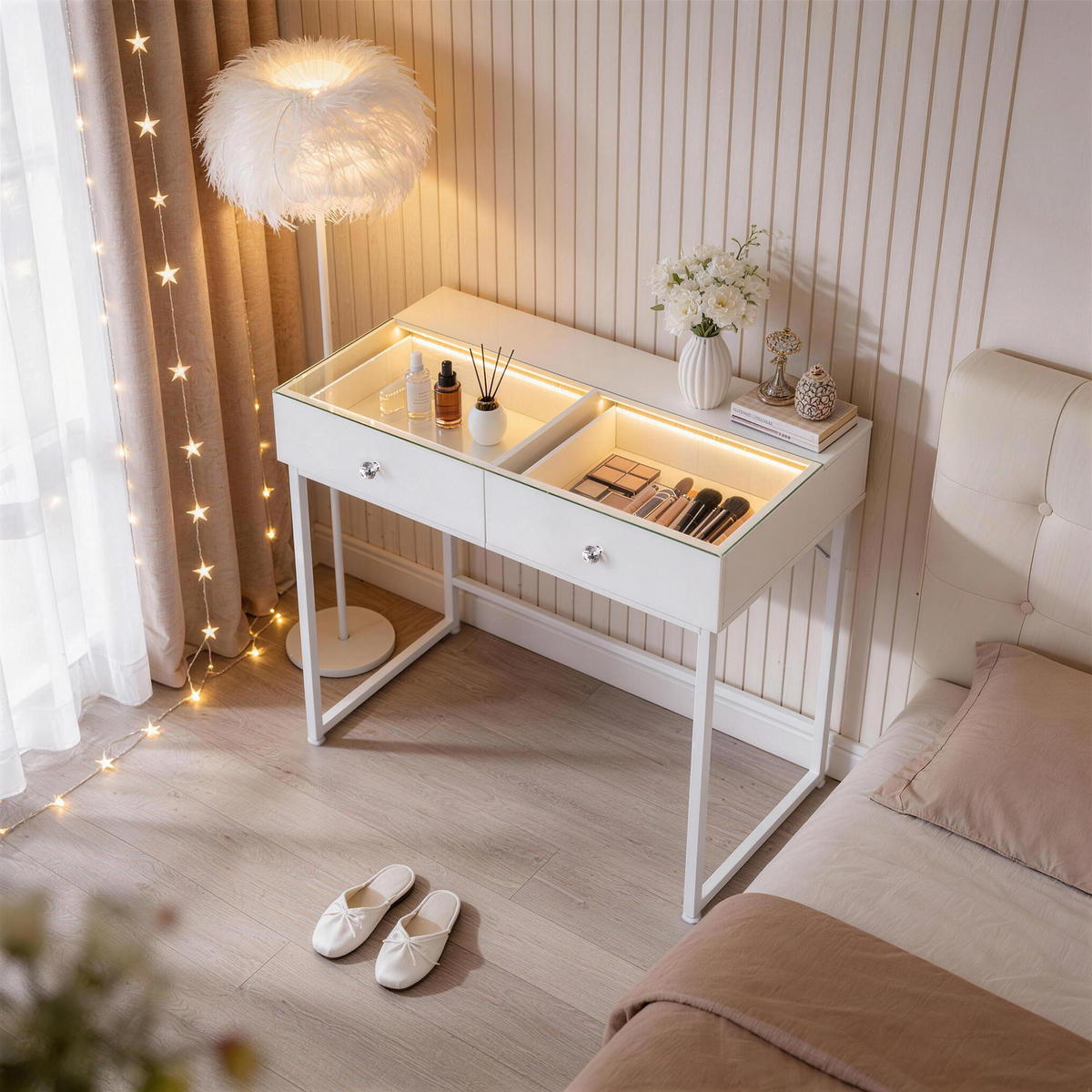 KONSOLENTISCH mit LED 2 Schubladen 100/55/81 CM - Weiß, Holz (100/55/81cm) - VANITII