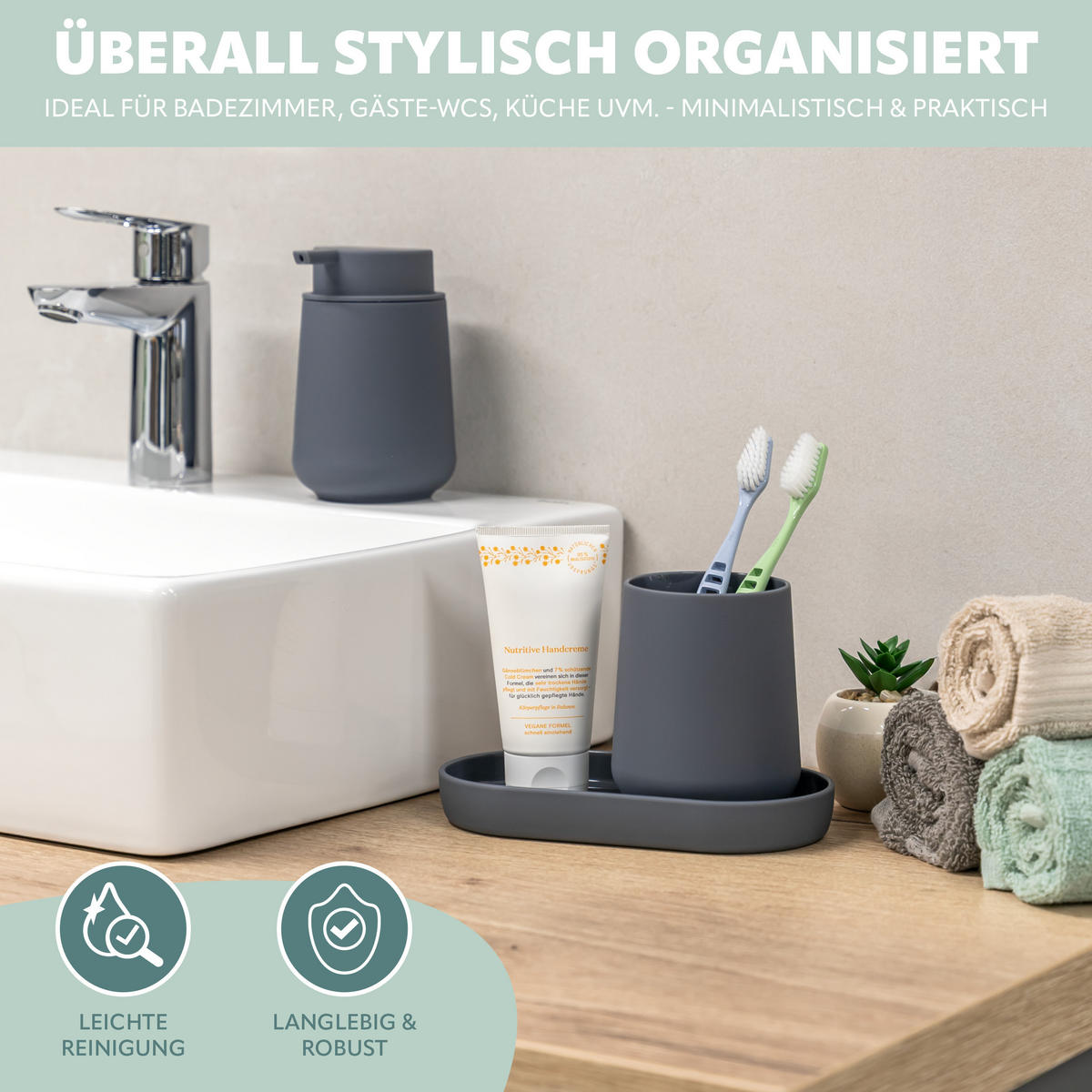 BAD-ACCESSOIRES-SET TESERO, Soft-Touch, grau - Grau, Kunststoff (18.5/13.5/10cm) - eluno