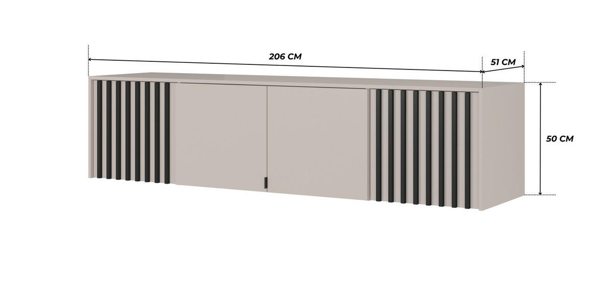 SCHRANKAUFSATZ STILO 4D 206 cm (Kaschmir, Schwarze Lamellen, 4 Türen, Metallgriffe) - Kaschmir/Schwarz, Holz/Holzwerkstoff (206/50/51cm) - Ravio
