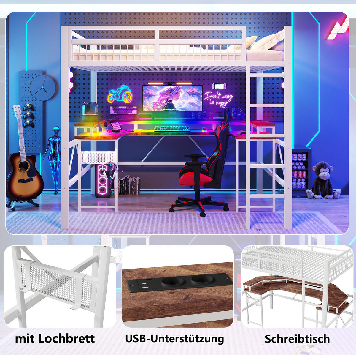 HOCHBETT 140/200 cm in Weiß mit Schreibtisch und LED-Beleuchtung - Weiß, Metall (140/200cm) - Flora Grace