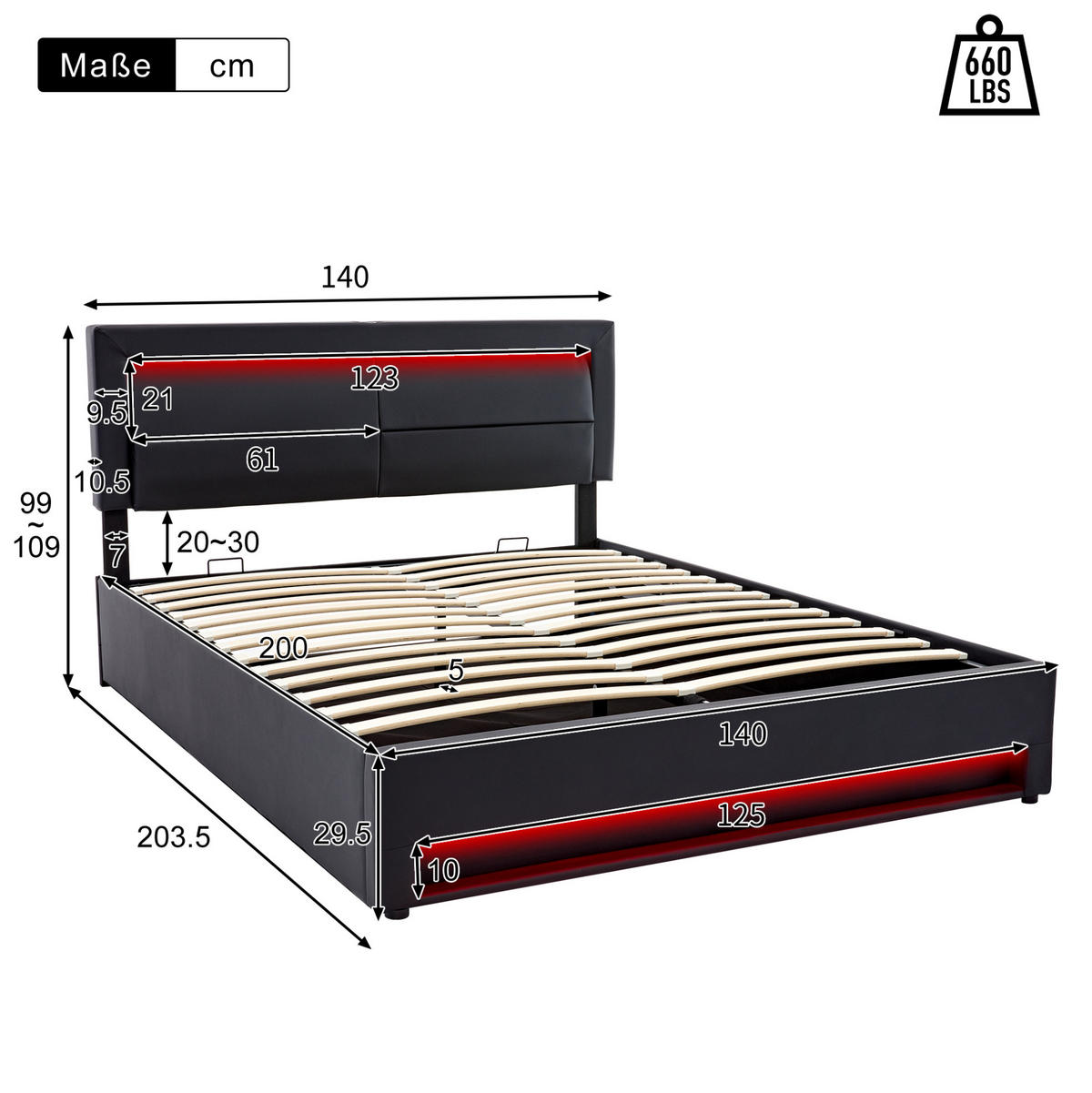 POLSTERBETT aus PU 140x200 cm Schwarz mit LED-Beleuchtung, USB-Anschluss und Stauraum - Schwarz, Leder (140/200cm) - IVMEU