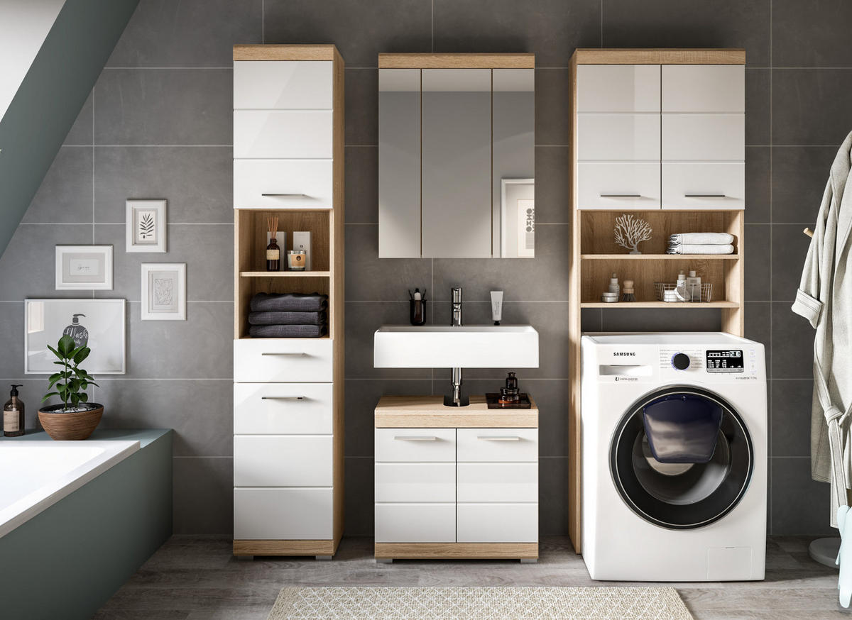 BADMÖBEL-SET weiß Hochglanz, Eiche 4-teilig 190 cm, viel Stauraum - Weiß Hochglanz/Eichefarben, Glas/Holzwerkstoff (190/191/34cm) - Inn.Furn