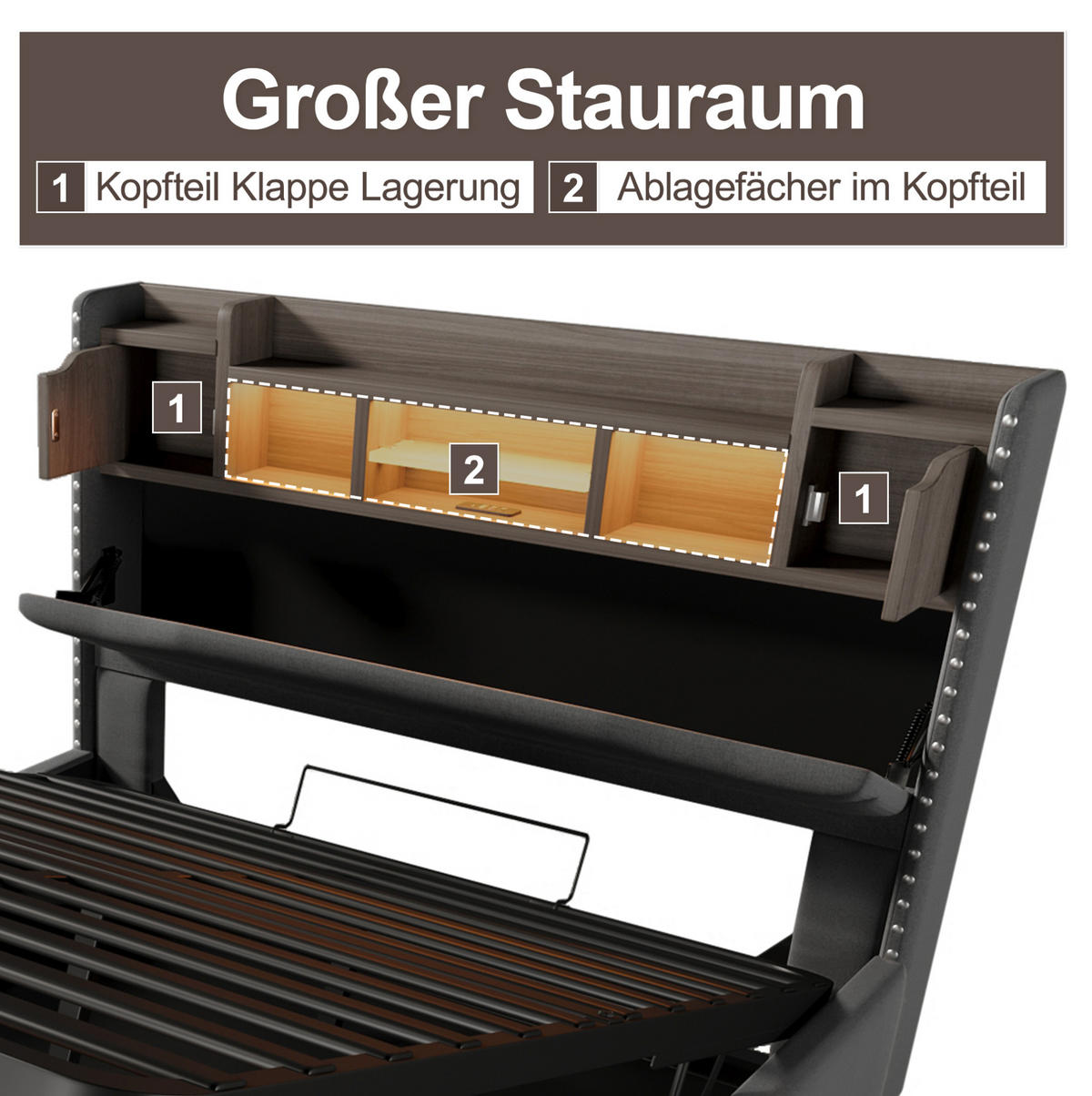 POLSTERBETT 160/200 cm mit LED-Beleuchtung, USB-C/USB-Anschluss, hydraulischem Bettkasten und Stauraum-Kopfteil, Grau - Grau, Textil (160/200cm) - Redom