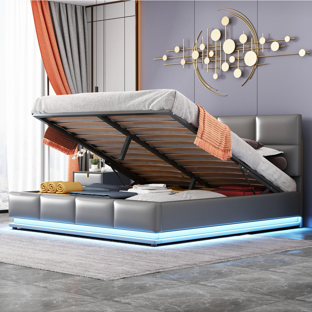 POLSTERBETT 160/200 cm grau mit LED-Beleuchtung und Bettkasten - Grau, Textil (160/200cm) - OKWISH