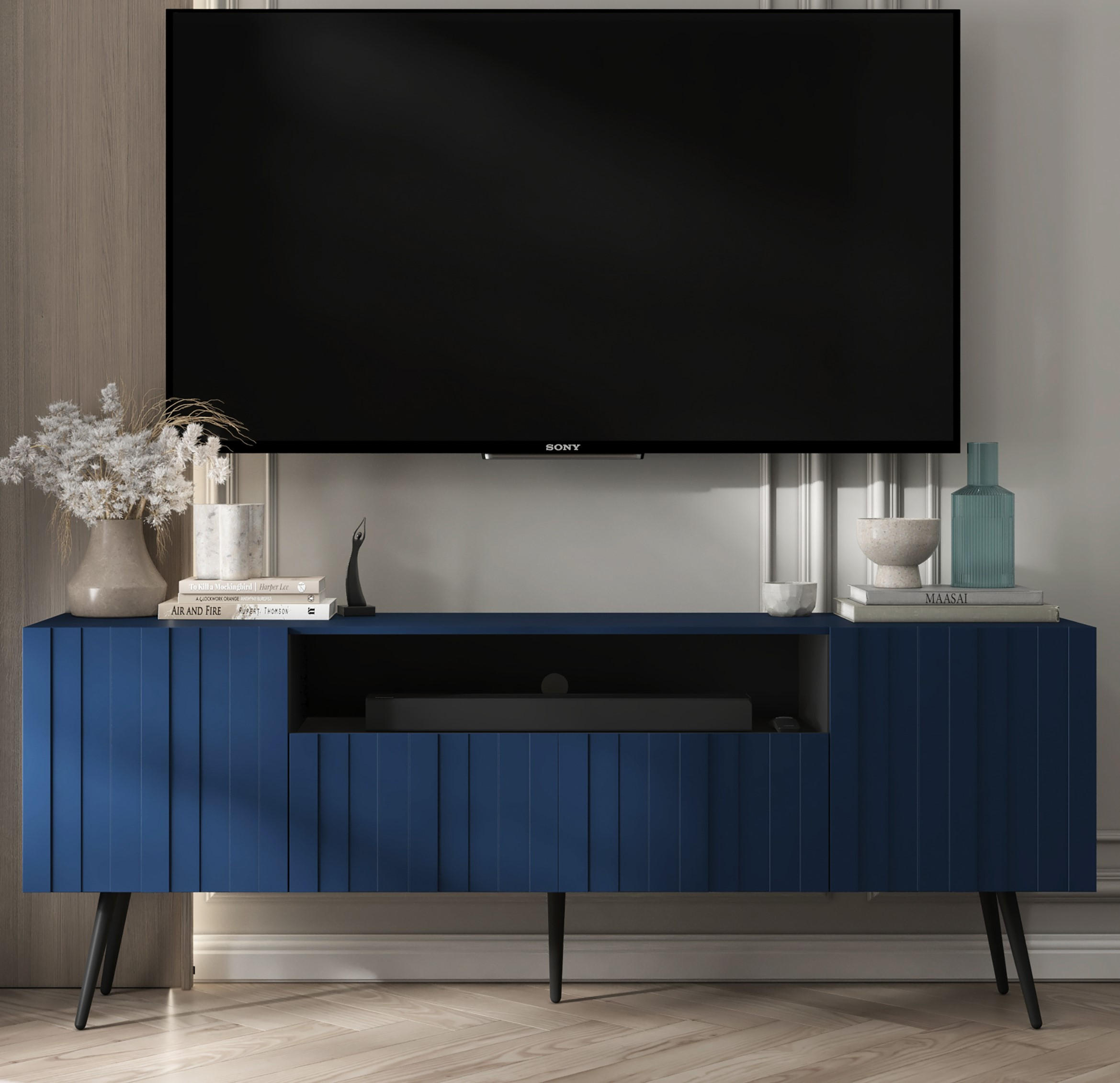 TV-SCHRANK Elpis Marineblau Matt mit Metallbeine Glamour 150 cm - Blau/Schwarz, Holzwerkstoff/Metall (150/60.5/36.5cm) - Meble Lindner