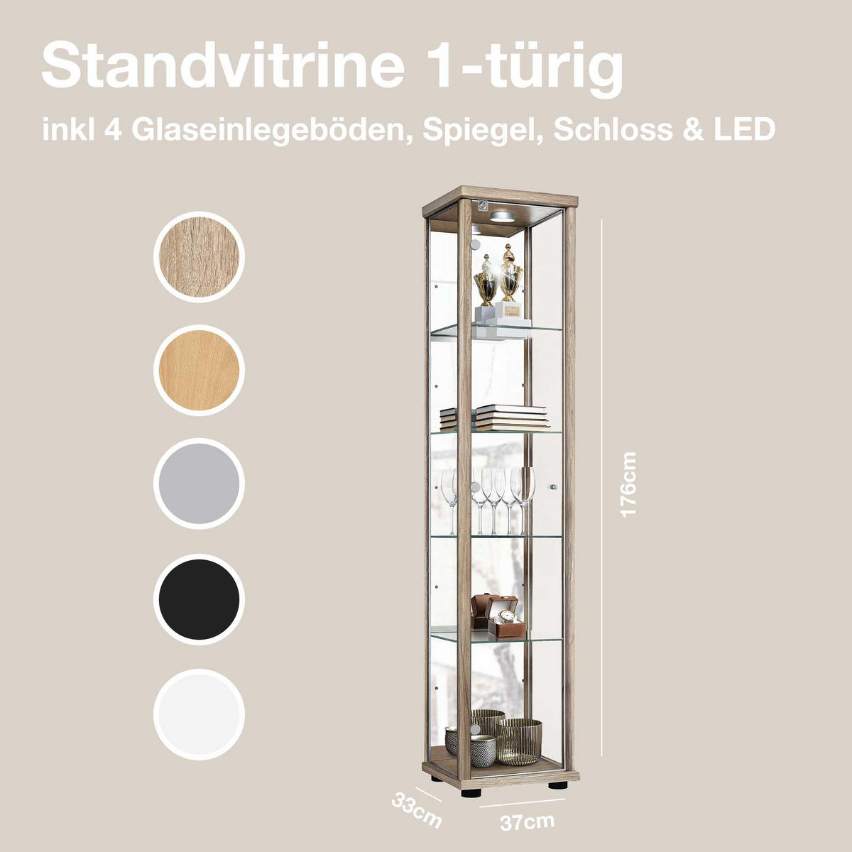 GLASVITRINE 33/37/176 cm mit Spiegel, LED, Schloss & 4 höhenverstellbaren Glasböden - Transparent/Silberfarben, Glas/Holzwerkstoff (37/176/33cm) - K-Möbel