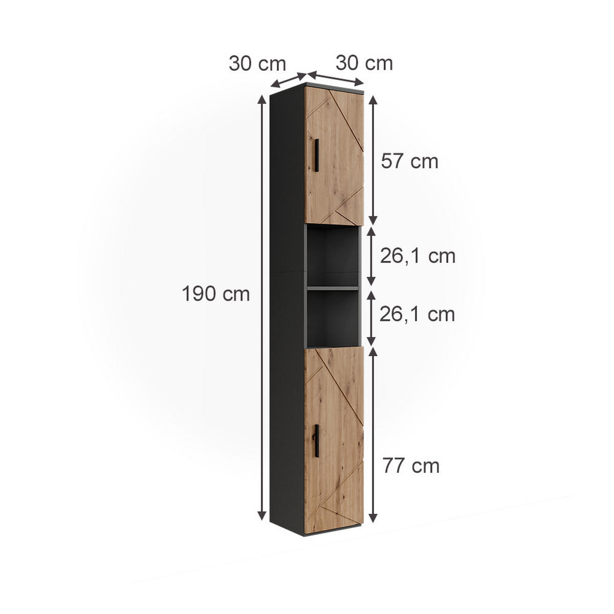 HOCHSCHRANK Irma Anthrazit/Artisan 30 x 190 cm mit 2 Türen - Anthrazit/Eiche Artisan, Holzwerkstoff (30/190/30cm) - Vicco