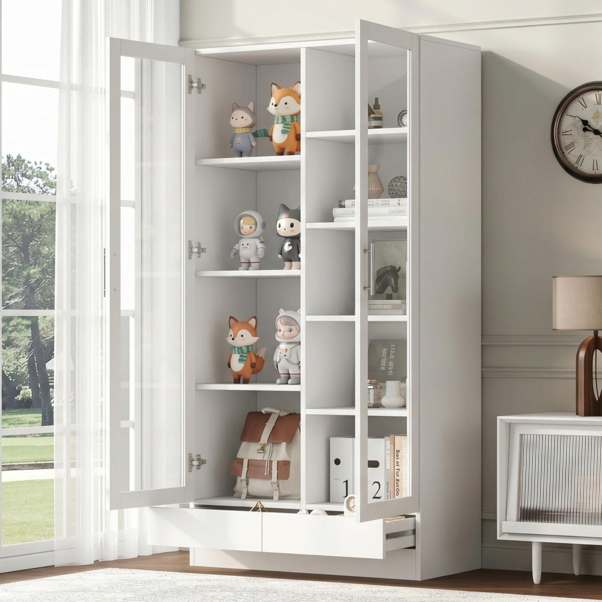 GLASTÜRSCHRANK Weiß mit zwei Schubladen 80×40×160 cm aus MDF & Glas - Weiß, Holzwerkstoff (80/160/40cm) - Luhomfu