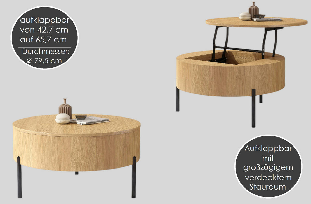 COUCHTISCH rund aufklappbar höhenverstellbar Stauraum 79/79/42 cm - Eichefarben, Holzwerkstoff (79.5/79.5/42.7cm) - designimpex
