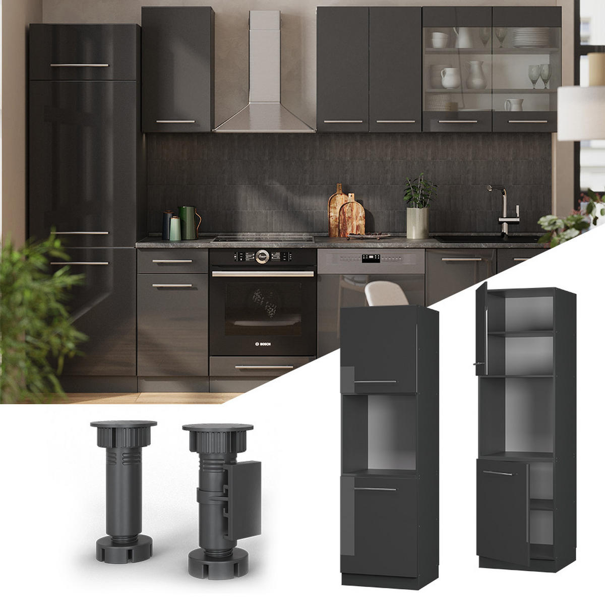 SKŘÍŇKA NA VESTAVĚNOU TROUBU Fame-Line Antracitový vysoký lesk - antracitová/vysoce lesklá černá, kompozitní dřevo (60/206.8/58cm) - Vicco