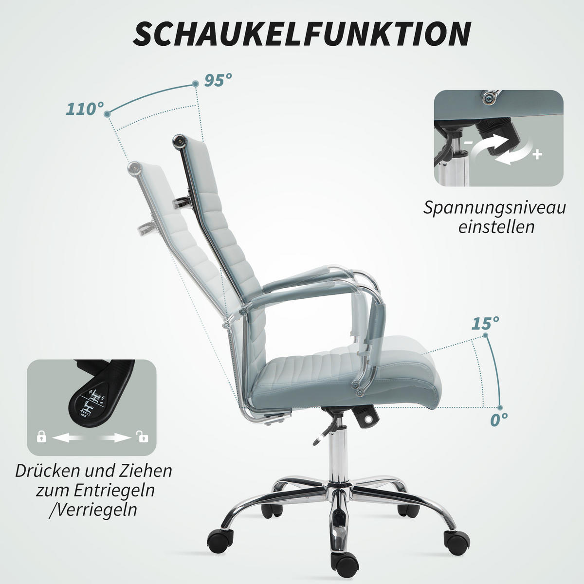 BÜROSTUHL mit Wippfunktion, Hellgrau - Hellgrau, Leder (54/114/62cm) - Vinsetto