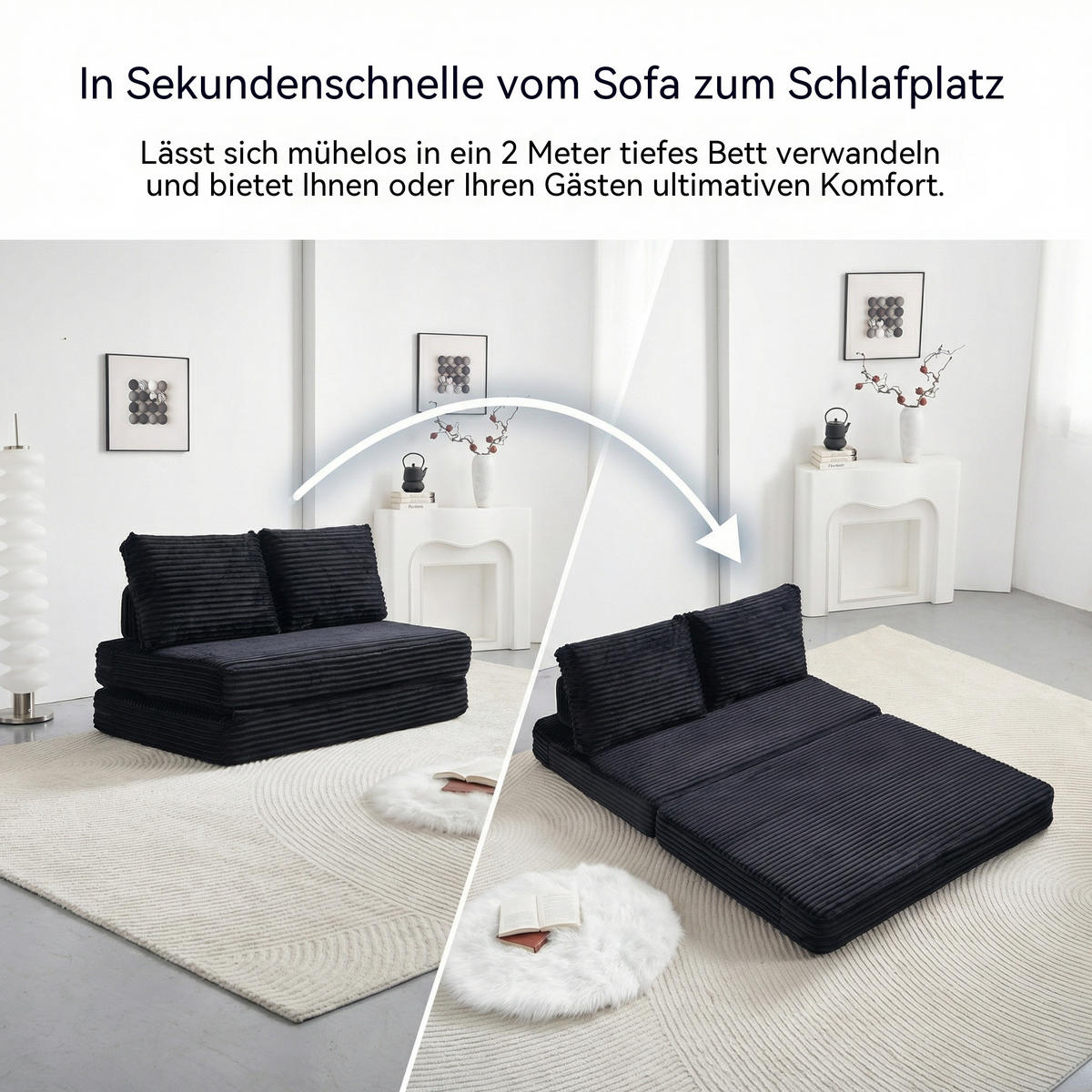 SCHLAFSOFA in Cord Schwarz - Schwarz, Textil (140/85/100cm) - Oxeza