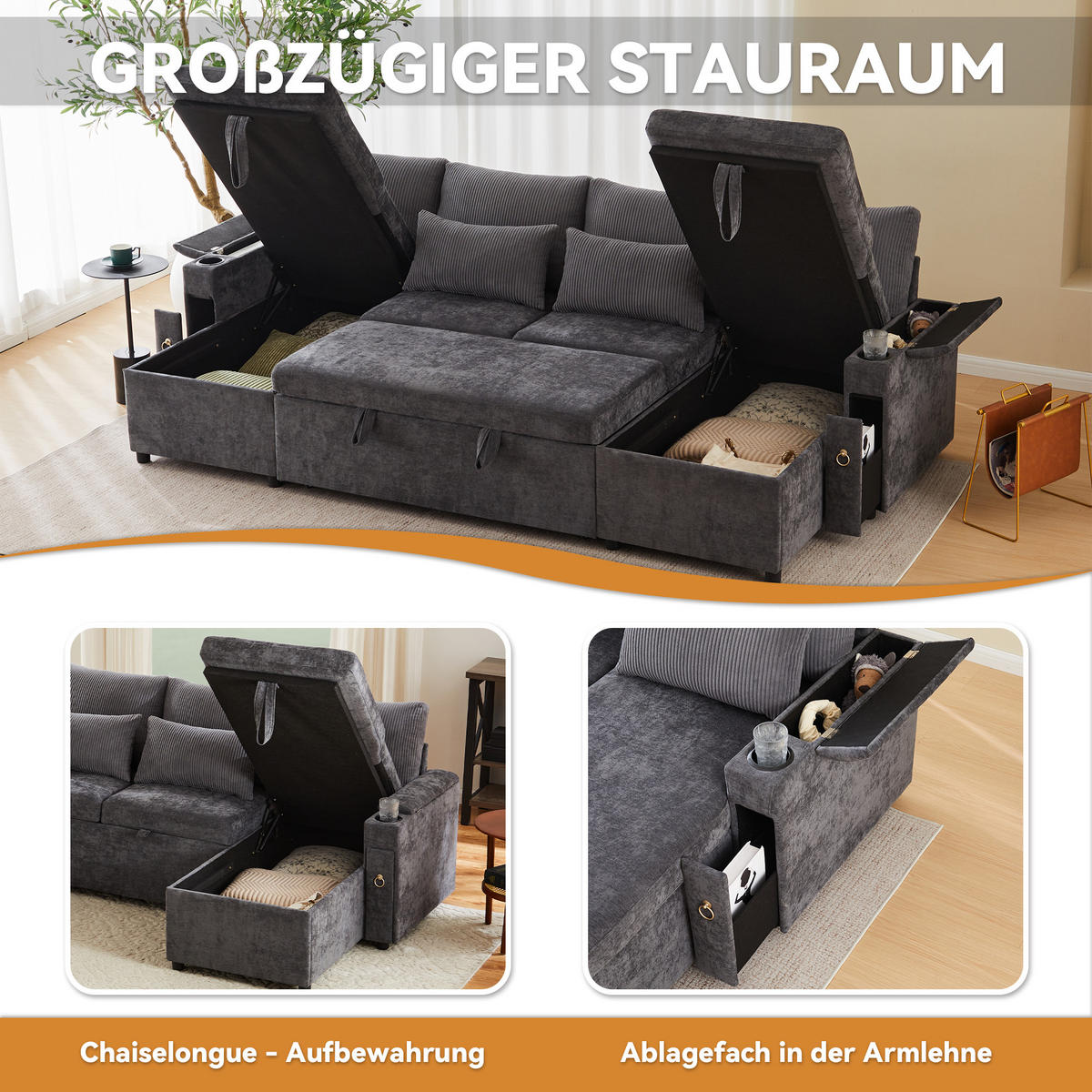 SCHLAFSOFA U-Form mit Getränkehaltern und Stauraum, Grau - Grau, Textil (272/84/131cm)